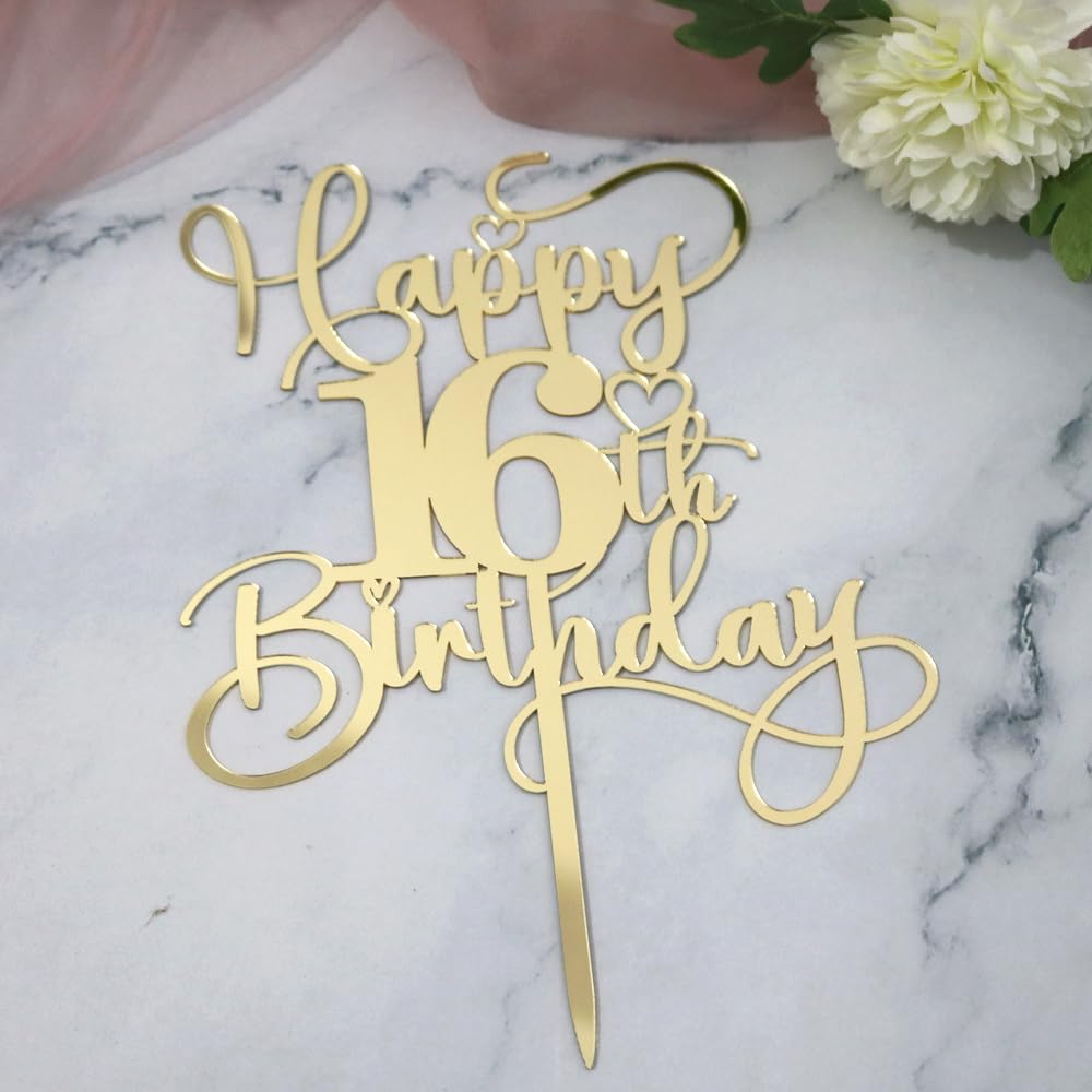 Ruscalin Happy 16th Birthday Cake Topper，Mirrored Gold Acrylic Birthday Topper for Cheers to 16 Years Birthday/Anniversary Party Decoration Ideas, Perfect Keepsake for your family and friends(16th)