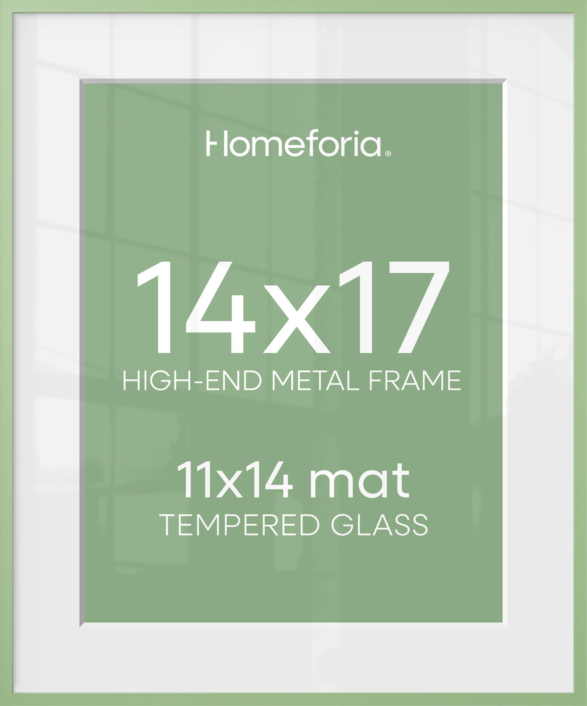 Homeforia 14x17 Green Picture Frame, High-End Metal, 11x14 Mat, Glass | High End Aluminum, Tempered Glass, Acid-Free 11x14 Removable Mat, 14x17 in Edge-to-Edge Display 17x14, Wall Kit, Set Of 2