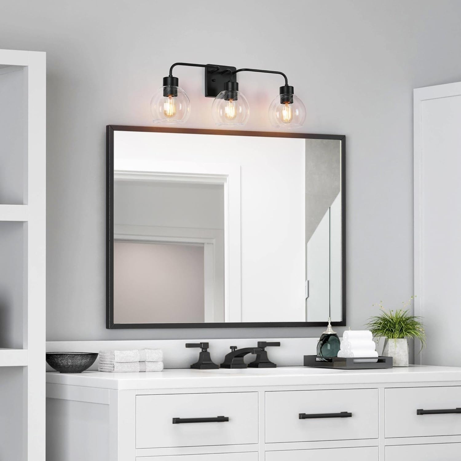 ZEVNI Black Vanity Light, 3-Light Mid Century Modern Bathroom Vanity Light, Matte Black Bathroom Lighting Fixtures Over Mirror with Clear Globe Glass Shade, 24.5" x 7" x 9.5"