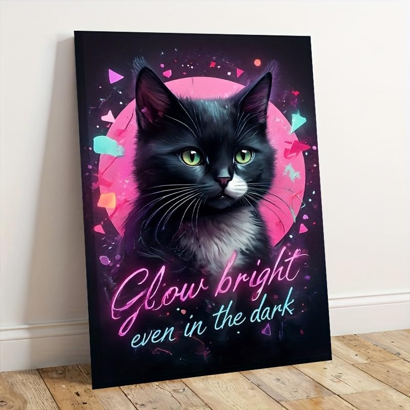 Miniatura 4 de Canvas Wall Art Painting Retro Synthwave Black White Cat Neon Geometric Shapes Layered Framed Motivational Ready To Hang Modern Decor for Bedroom