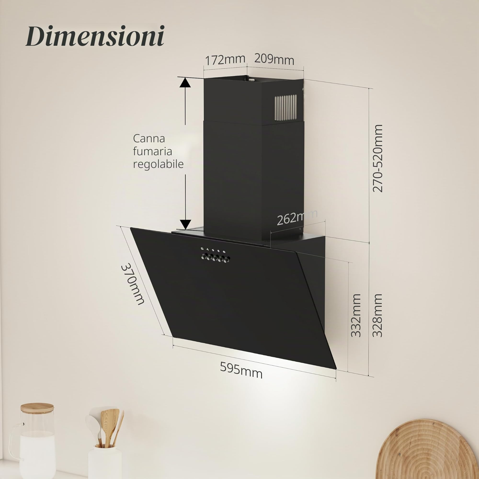 FIREGAS Cappa Aspirante 60cm Classe A Inclinata da Cucina - Cappa a Parete con Motore Senza Spazzole, 3 Livelli di Aspirazione, Filtro a Carboni Attivi, Sistema di Evacuazione e Riciclaggio, Nero
