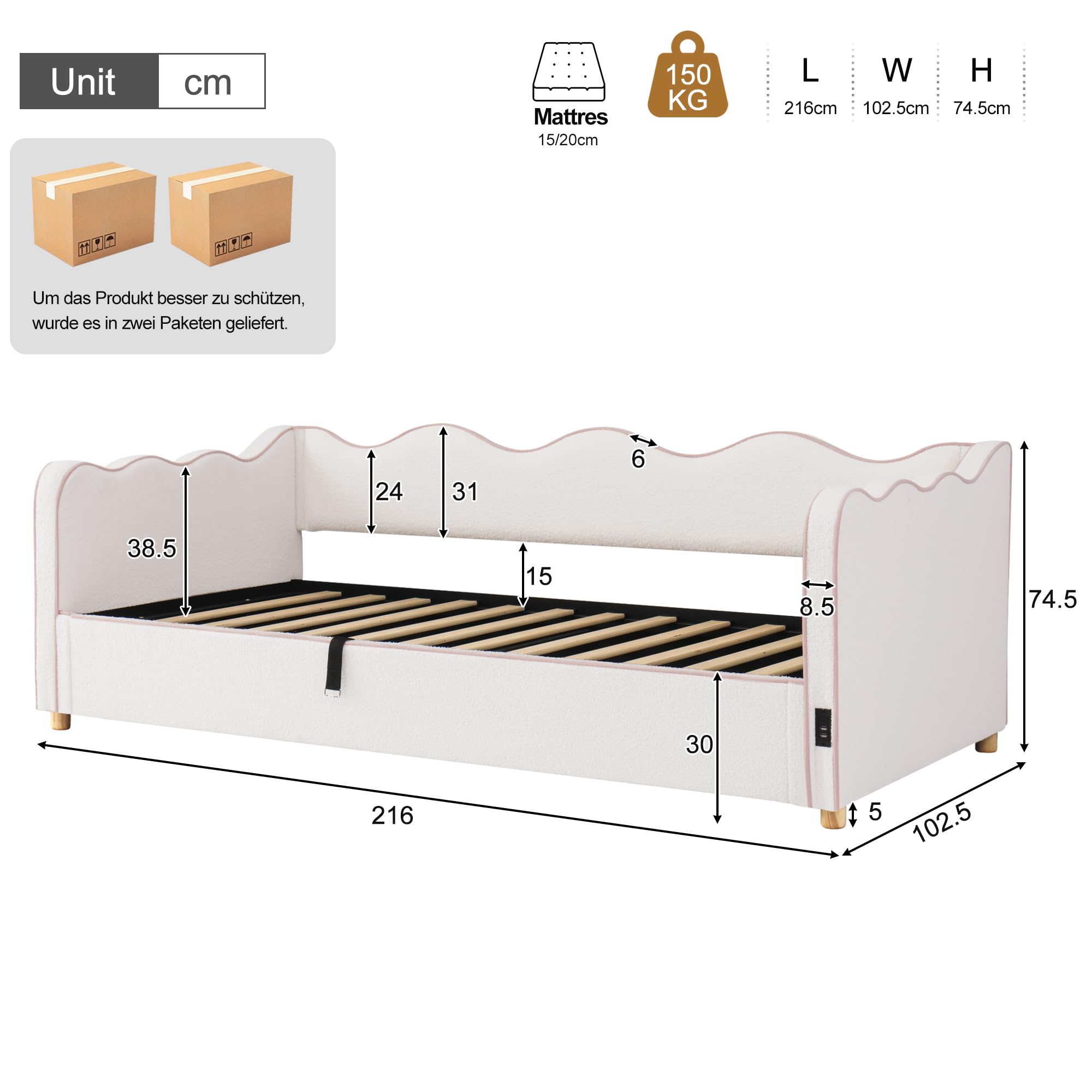 Sofá Cama 90x200 Tapizado Bouclé Cama Canapé sin Colchón Single Bed con Almacenamiento Integrado con Somier de Lamas con Elevación Hidráulica para Dormitorio Beige