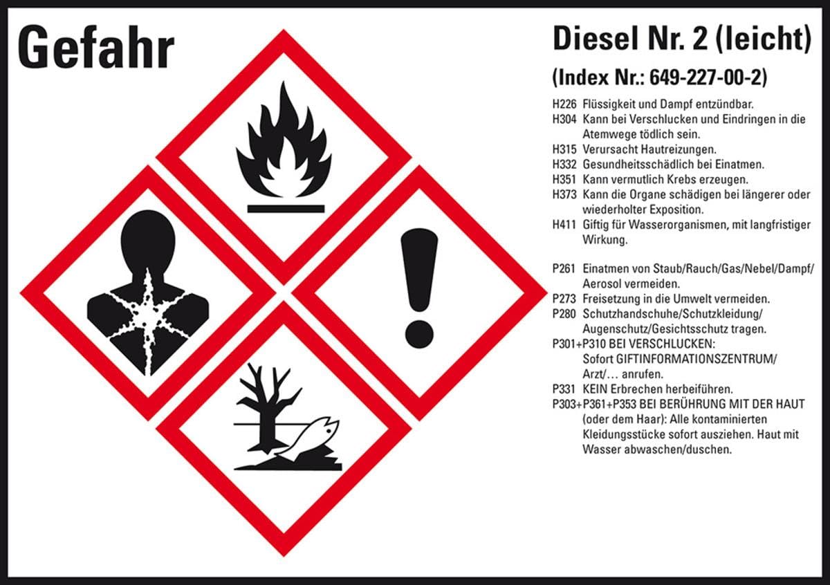 Gefahrstoffetikett Diesel No.2, GefStoffV/GHS/CLP, Folie, 148x105mm, 4/Bogen