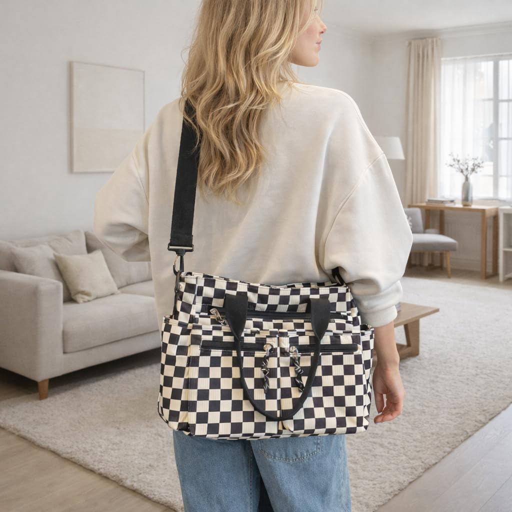 Checkered Multi-Pocket Tote Bag with Zipper, Large Capacity Shoulder Handbag with Detachable Strap
