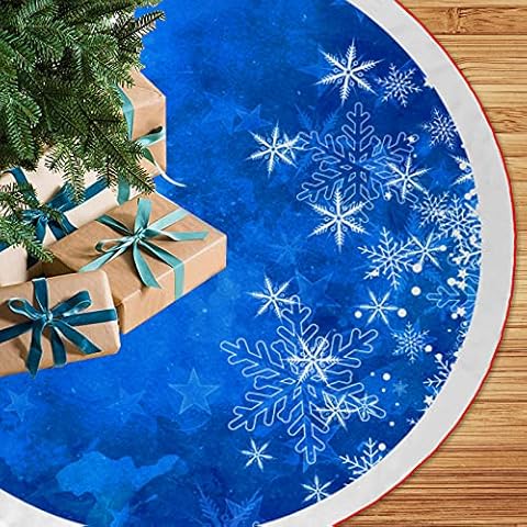 48 Inches Blue Christmas Tree Skirt Rustic Thick Xmas Tree Skirt with Snowflake Winter Happy New Year Decoration for Home Holiday Party Cover