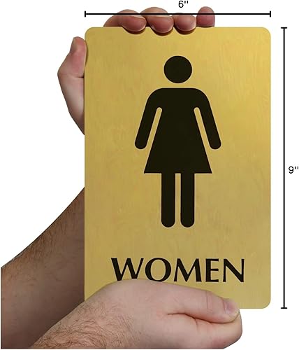 Miniatura 7 de SmartSign Letrero de baño para mujer de 6 x 9 pulgadas con pictograma, metal de latón de 40 mil, grabado, para puertapared, dorado y negro