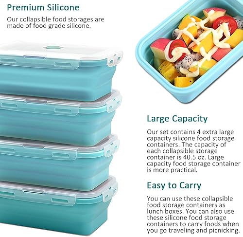 Miniatura 6 de Alimat PluS Recipientes de silicona para almacenamiento de alimentos de 40.5 onzas con tapas, juego de 4 recipientes plegables de 40.6 fl oz, aptos