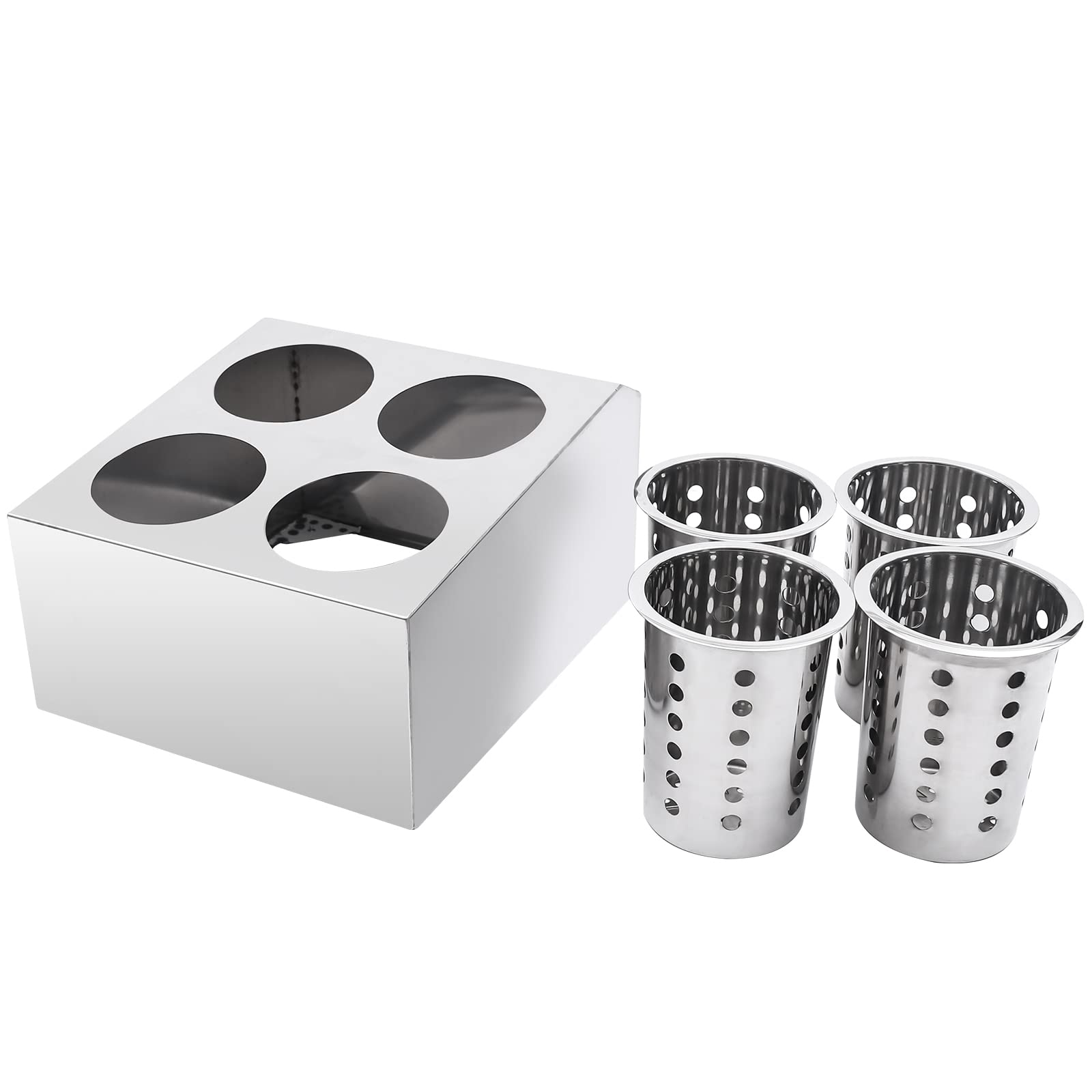 Soporte para cubiertos de acero inoxidable con 4 compartimentos, cesta para cubiertos y escurridor, color plateado