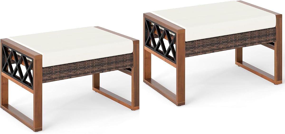 RELAX4LIFE Wicker Outdoor Ottomans for Patio - Set of 2 Rattan Outside Footstool w/Removable Cushion, Wood & Metal Frame, 3-in-1 Foot Rest, Extra Seating & Side Tables for Porch Backyard Poolside