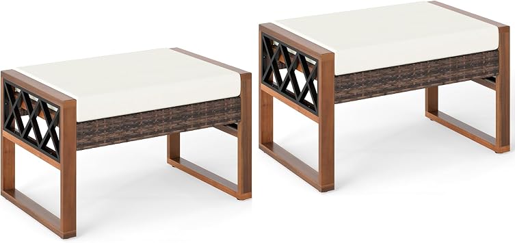 RELAX4LIFE Wicker Outdoor Ottomans for Patio - Set of 2 Rattan Outside Footstool w/Removable Cushion, Wood & Metal Frame, 3-in-1 Foot Rest, Extra Seating & Side Tables for Porch Backyard Poolside