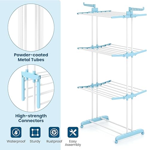 Miniatura 9 de Giantex Estante de secado de ropa plegable, estante plegable de gran tamaño de 4 niveles con 3 bandejas retráctiles, soportes para perchas, soporte