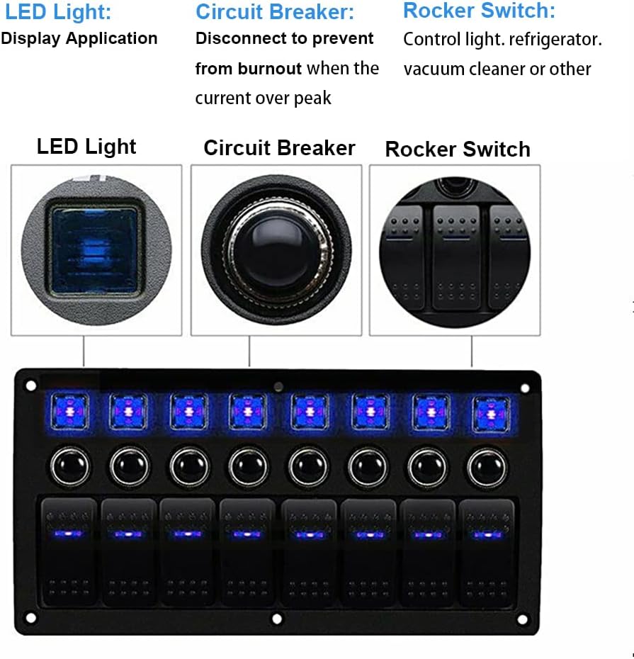 Boat Marine Car Rocker Led Panel Switch With Breakers 8 Gang Switch Panel 12V 24V Waterproof On-Off