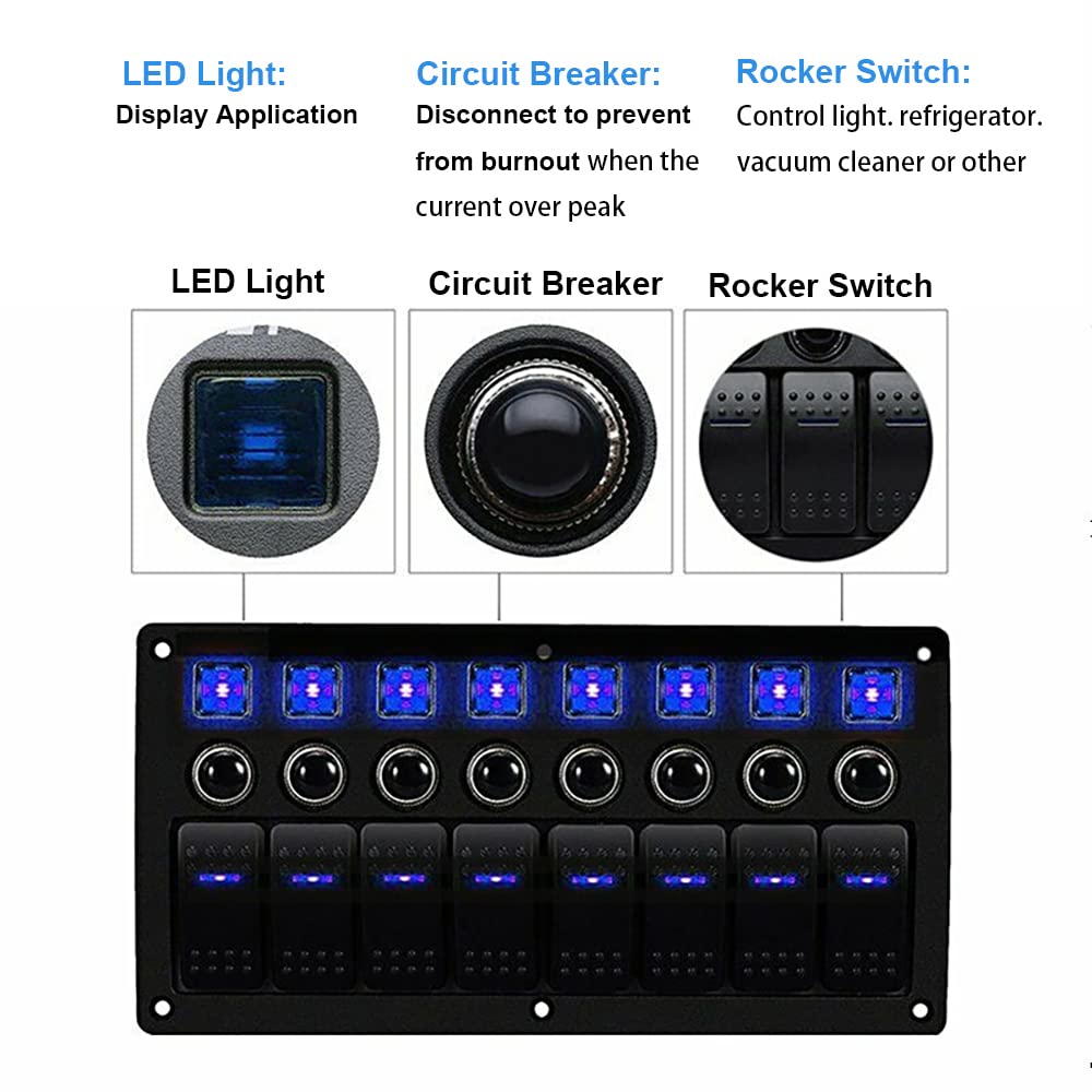 Riloer Pannello interruttore a bilanciere a 8 vie, 12 V 24 V, universale, per barca, auto, marina, auto, interruttore a LED con interruttori, impermeabile, con luce verde/blu/rossa