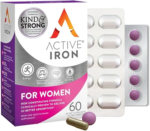 Active Iron for Women, Non-Constipating, 30 Active Iron High Potency Capsules with 30 Multivitamin Tablets, Helps Strengthen Your Immune System