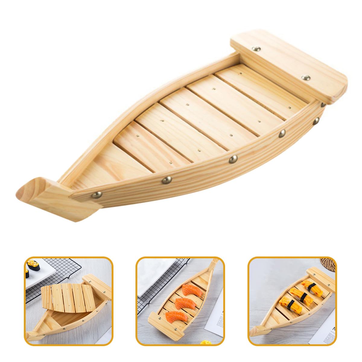 SHINEOFI Bateau à Sushis en Bois Beige pour Service de Sushis et Porte-Sashimi Effet Décoratif, Plateau de Présentation pour Restaurants Japonerie
