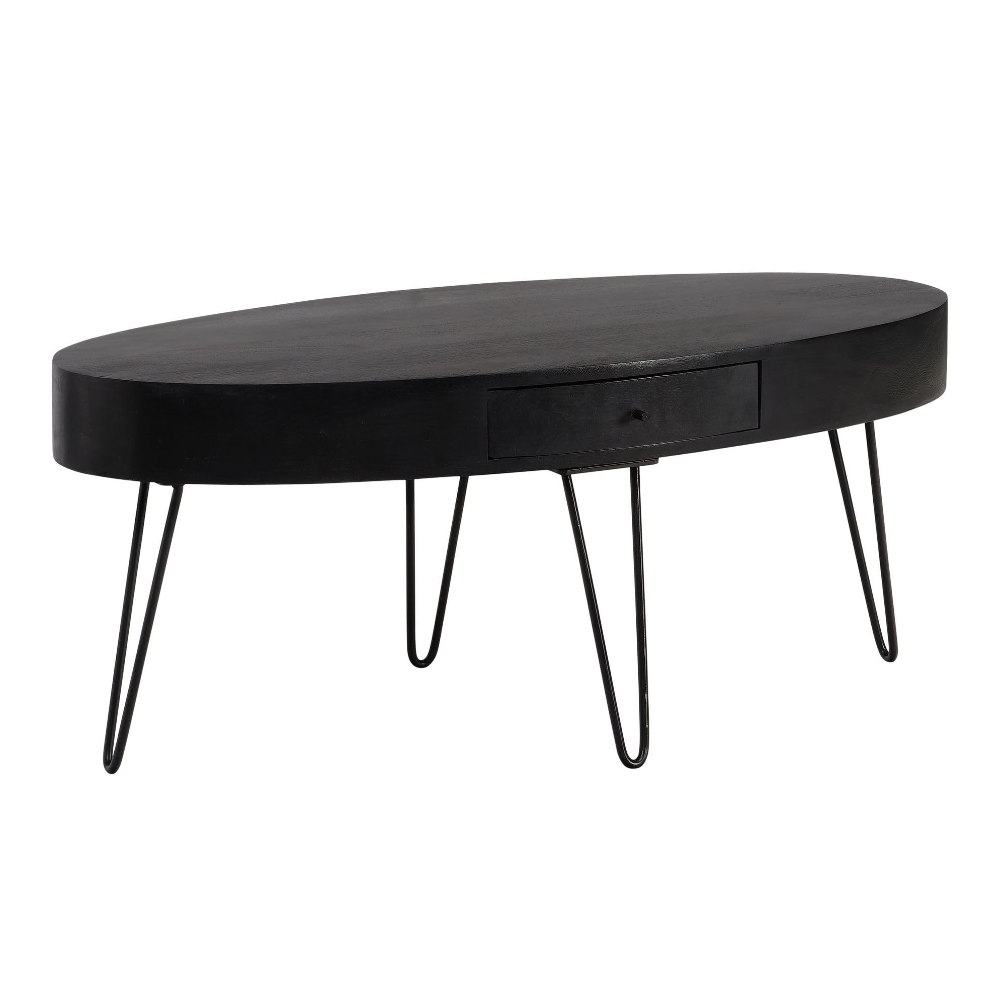 FineBuy Stolik Kawowy Owalny 100x50x40 cm Lite Drewno Mango Czarny | stolik do salonu z szufladą i hairpin nogach, stolik pod sofę z prawdziwego drewna, ręcznie wykonany unikat