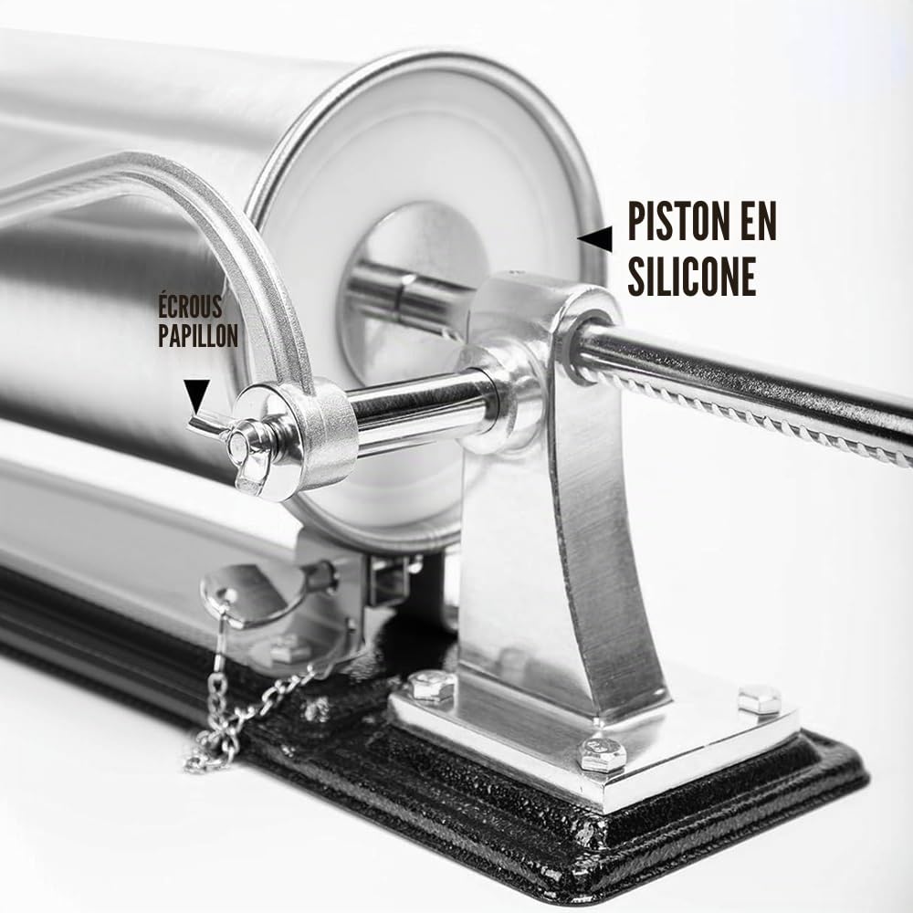 Machine horizontale à saucisses en acier inoxydable emballée avec 8 entonnoirs à farce et 1 piston en silicone, capacité de 2,7 kg