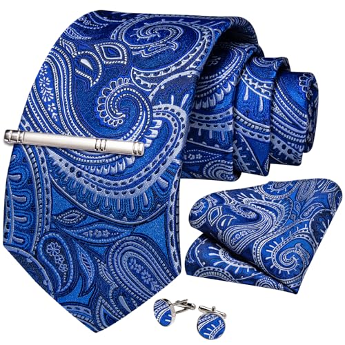 Image of DiBanGu Paisley Ties for Men Silk Necktie and Pocket Square Cufflinks Tie Clip Set Woven Classic Mens Tie for Wedding Party