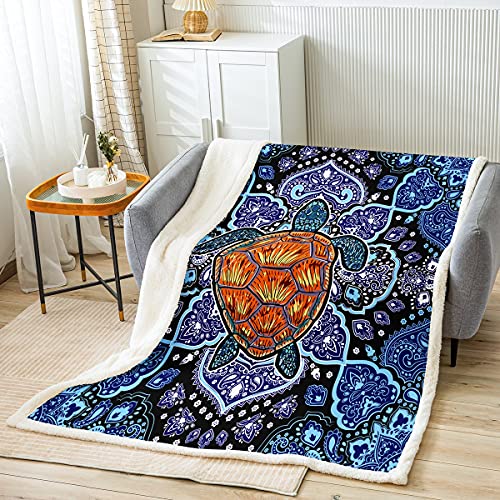 Manta Sherpa de tortuga marina bohemia de cachemir para niños, niñas, adolescentes, medallón bohemio, exótico floral, manta de felpa estilo indio para sofá cama, bebé 30 x 40 pulgadas