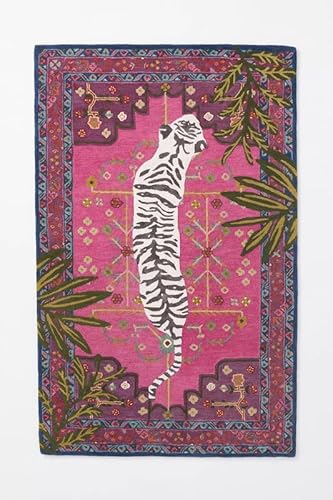 Handmade Wool and Silk Tufted Rug with White Tiger Motif in Pink, Oriental Botanical Design, Luxurious Area Carpet for Living Room, Exotic Home Decor Accent, 8x11 Ft