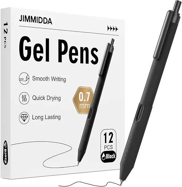 JIMMIDDA 12 Pack Black Pens - 0.7mm Gel Pens Black Ink Quick-Drying Smooth Writing - Comfort Grip Retractable Pen for Journaling, Cute School & Office Supplies Home Work (12 Count, Black Ink)
