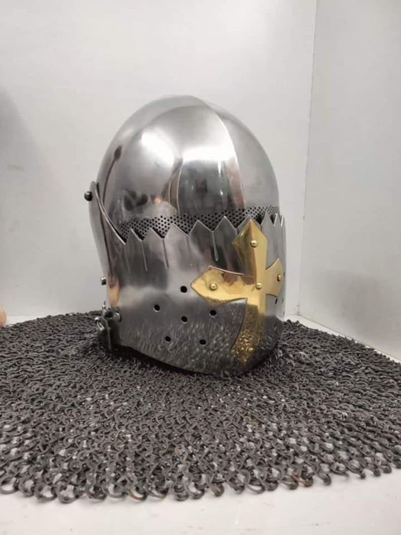 Medieval Bascinet hounskell Helmet 14th Century Chain mail Steel Knight Helmet I Handmade Fantasy Helmet I Cosplay Custume Helmet Halloween