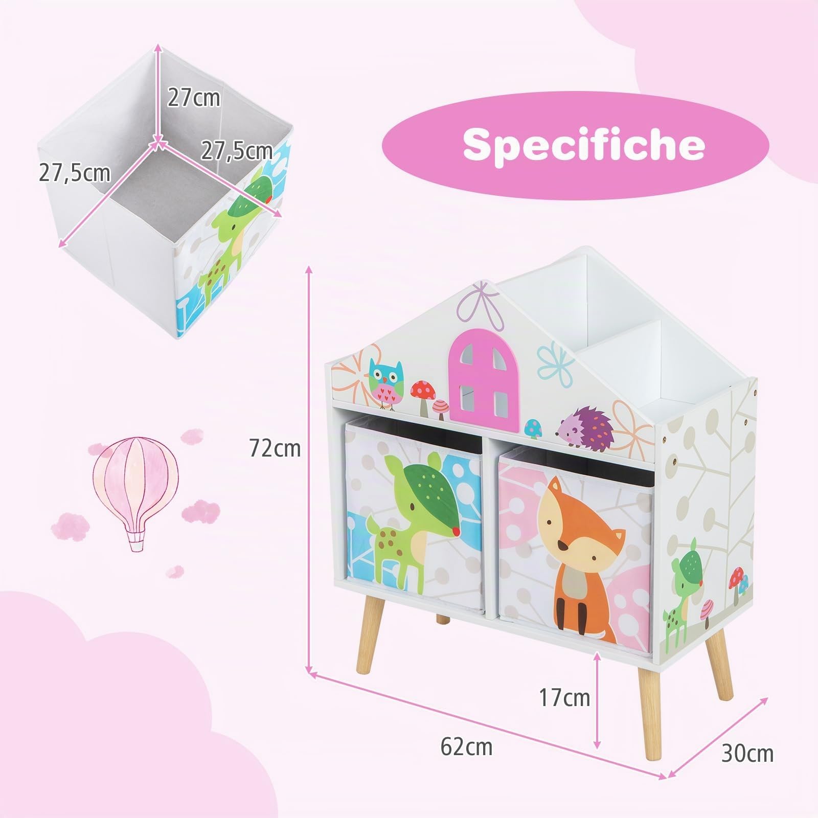 RELAX4LIFE Scaffale Libreria per Bambini in Legno, Organizzatore con 2 Cubi Rimovibili, Contenitore per Giocattoli e Libri, Forma a Casa, per Cameretta e Asilo Nido