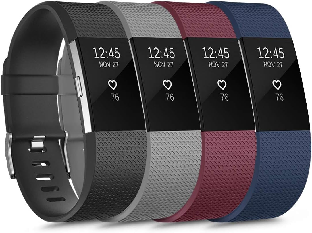 [4 Pack] Sport Bands Compatible with Fitbit Charge 2 Bands for Women Men, Soft Silicone Classic Adjustable Replacement Wristbands for Fitbit Charge 2 (Large, Black,Gray,Wine red, Blue)