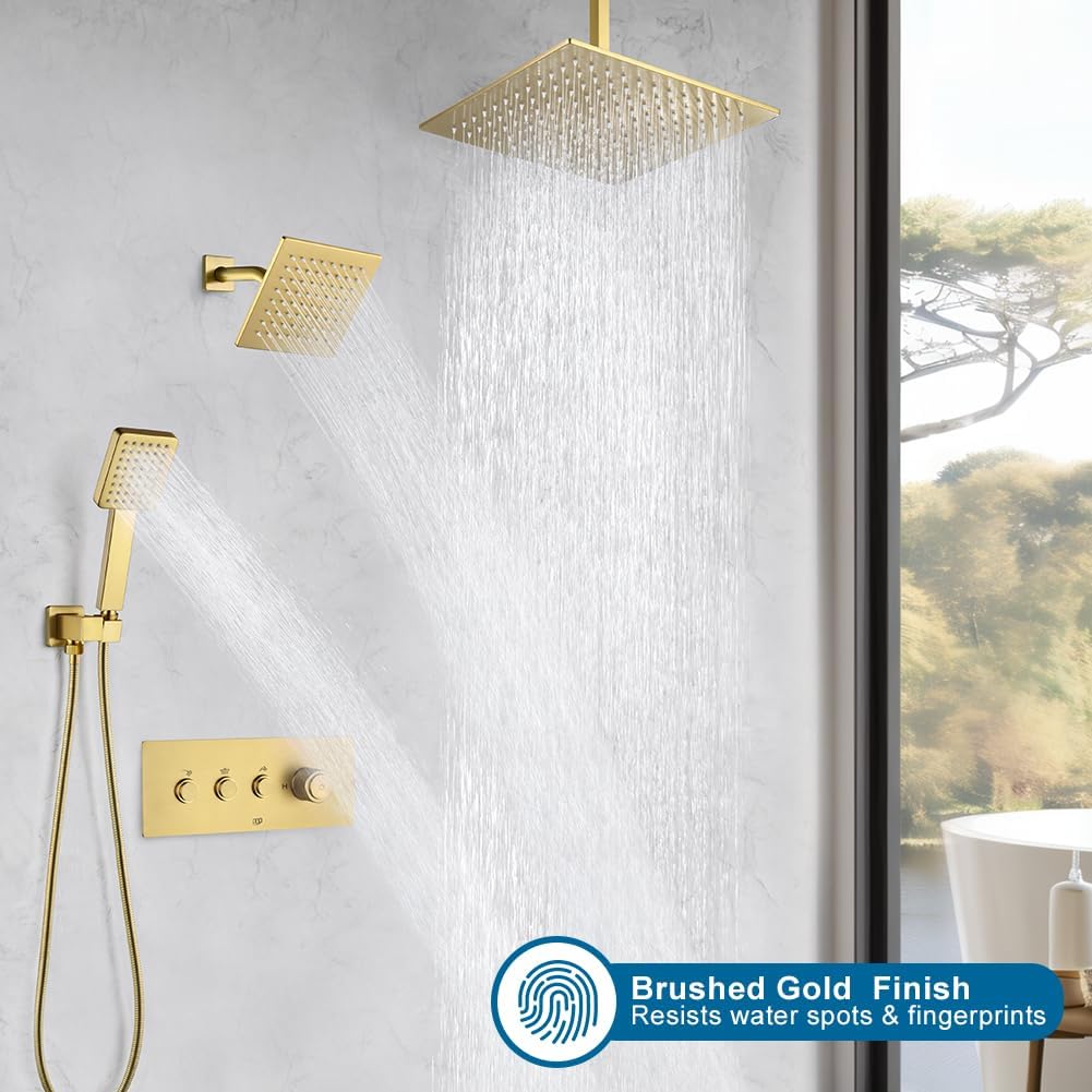 POP SANITARYWARE Brushed Gold Shower Faucet Set, Push Button Diverter Shower System, 12 Inch Ceiling Shower Head with 6 Inch Wall Mounted Shower Head and Handle Set, Include Shower Valve and Trim Kit