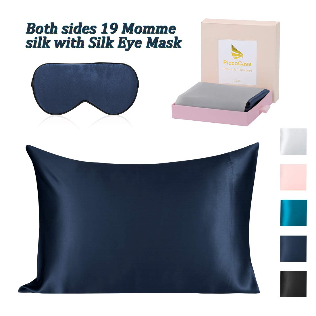 PiccoCasa 2 Piece Silk Pillowcase Gift Set 1 Pcs 100% Pure Mulberry Soft Silk Pillowcase with Envelope Closure for Hair and Skin and Silk Eye Cover in Gift Box Navy Blue King