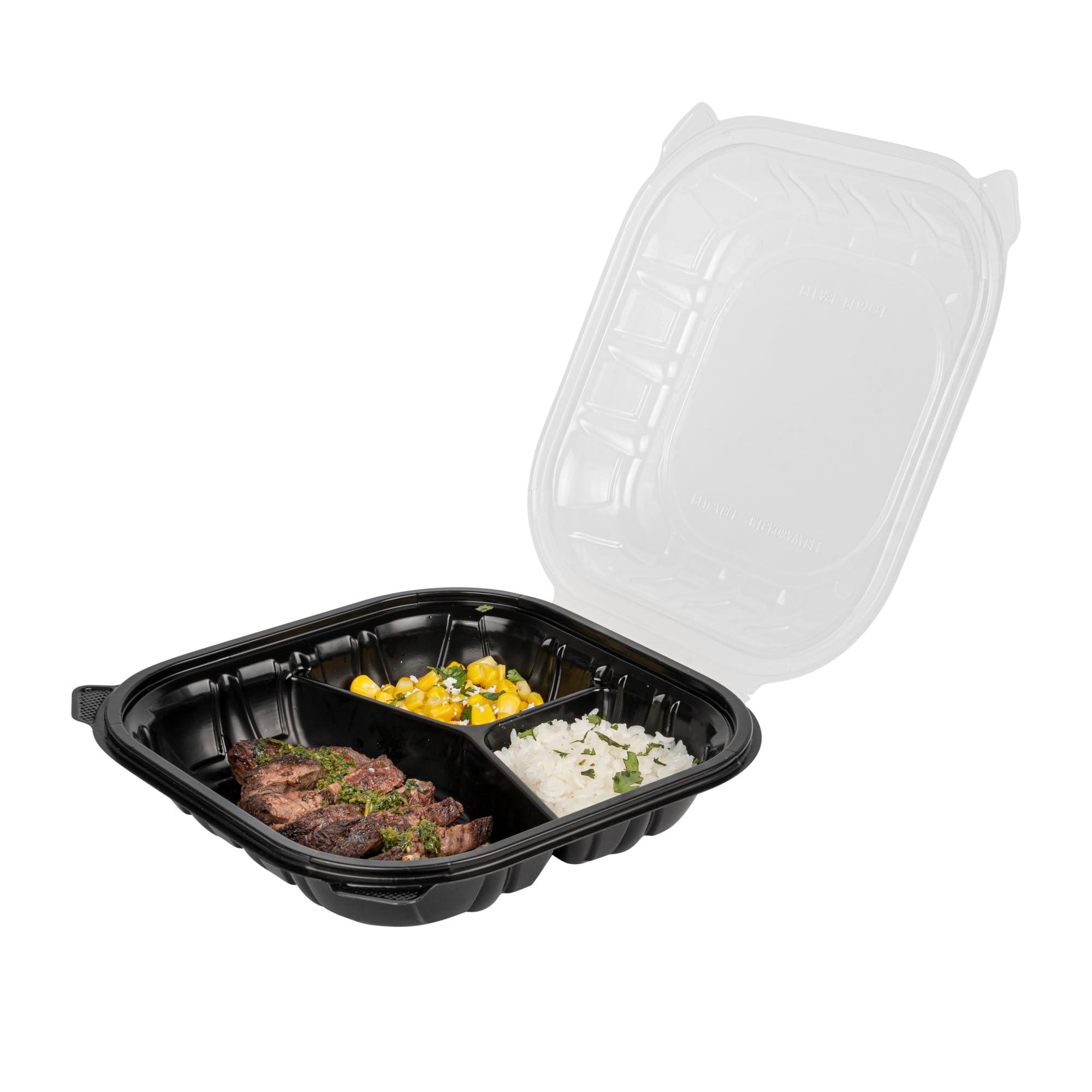 Restaurantware Thermo Tek pojemniki z klapką, 50 jednorazowych pudełek na wynos – 3 przegrody, wentylowane pokrywki, czarne plastikowe pojemniki do przygotowywania posiłków, nadają się do kuchenki