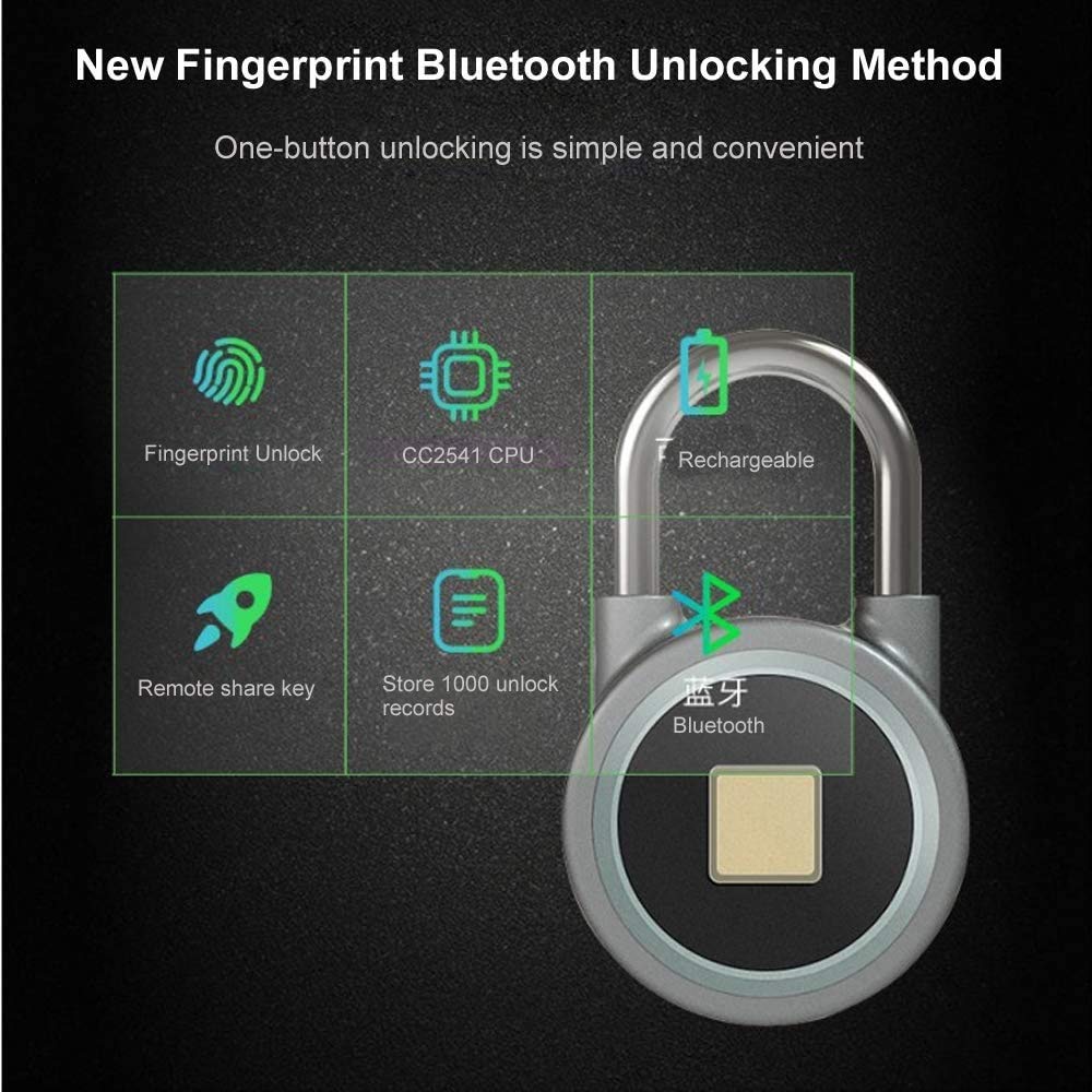 Candado sin llave con huella dactilar, Huella Dactilar Pa USB Recargable Bluetooth 78x50x23mm Haz 6mm