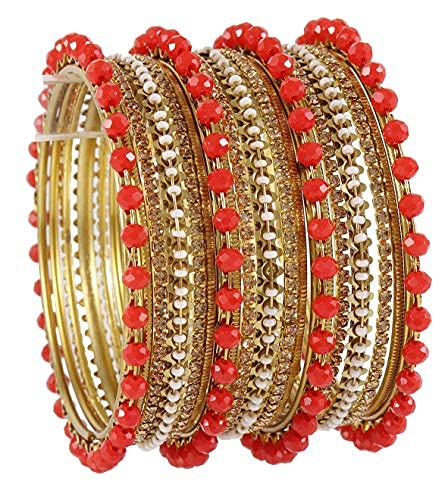 Image of NMII Metal with Zircon Gemstone, Pearls and Beads Studded Glossy Finished Bangle Set For Women and Girls