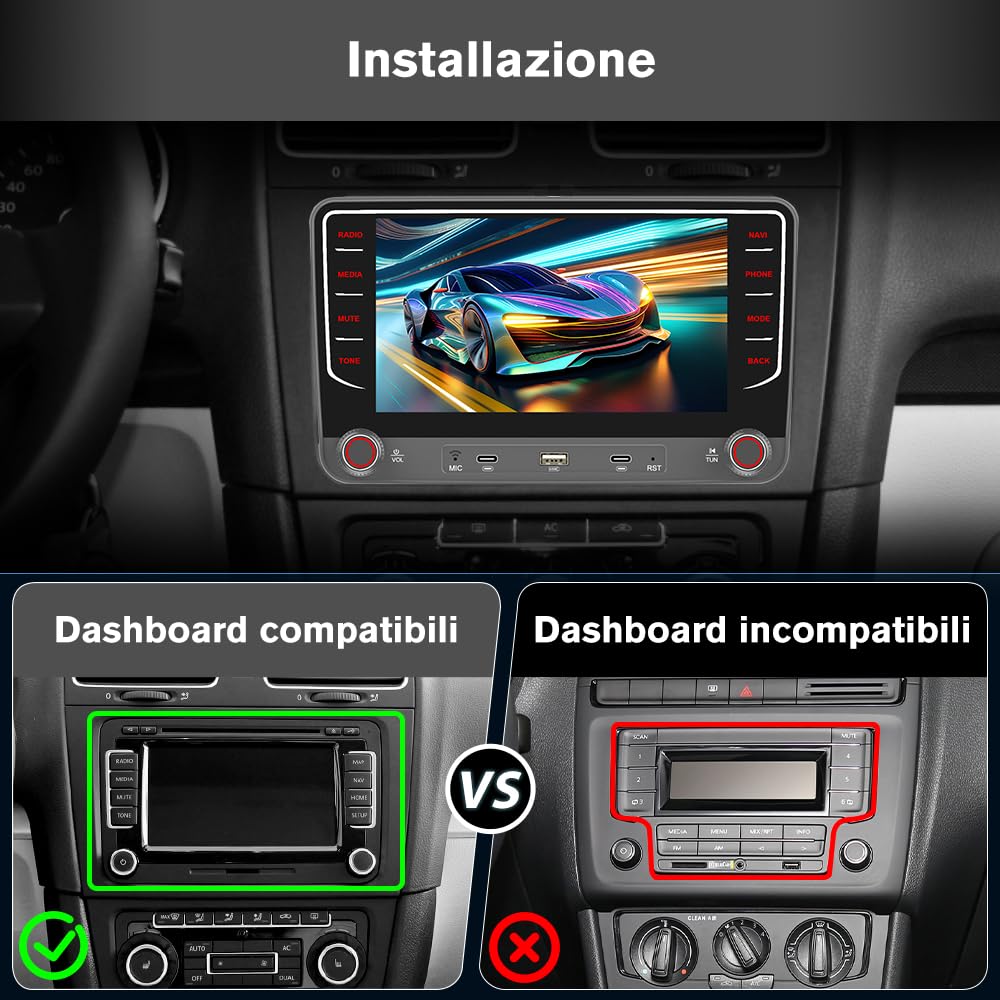Autoradio 2 DIN per Golf 5 6 Passat Jetta Caddy Polo cc Tiguan EOS Touran T5 Scirocco Wireless CarPlay Android Auto Bluetooth/FM/RDS/USB/EQ/Tipo-C/Comandi al Volante