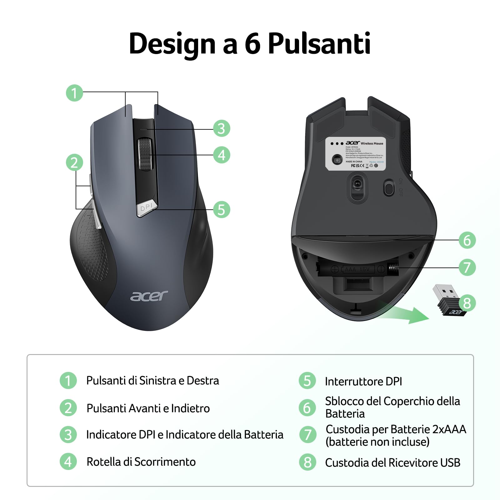 Acer Mouse Wireless Ergonomico, mouse computer ottico USB senza fili 2,4 GHz 1600 DPI regolabile 6 pulsanti