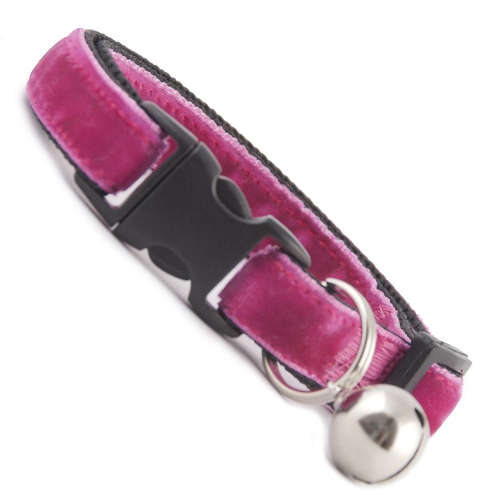 Rosewater Pink Velvet Cool Cat Cat Collar. Beautiful luxury hand made cat safety collars with bell available in a range colours made in the UK from velvet ribon and strong webbing