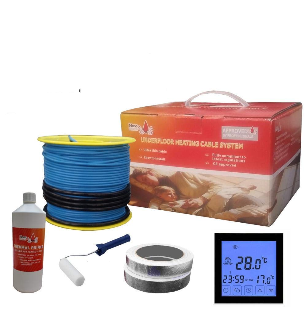 Nassboards Electric Underfloor Heating Cable System 150w โ Touch Screen Thermostat & Cable for Under Tiles & Laminate in Conservatory, Bathroom, Safe Insulation โ includes Installation Kit