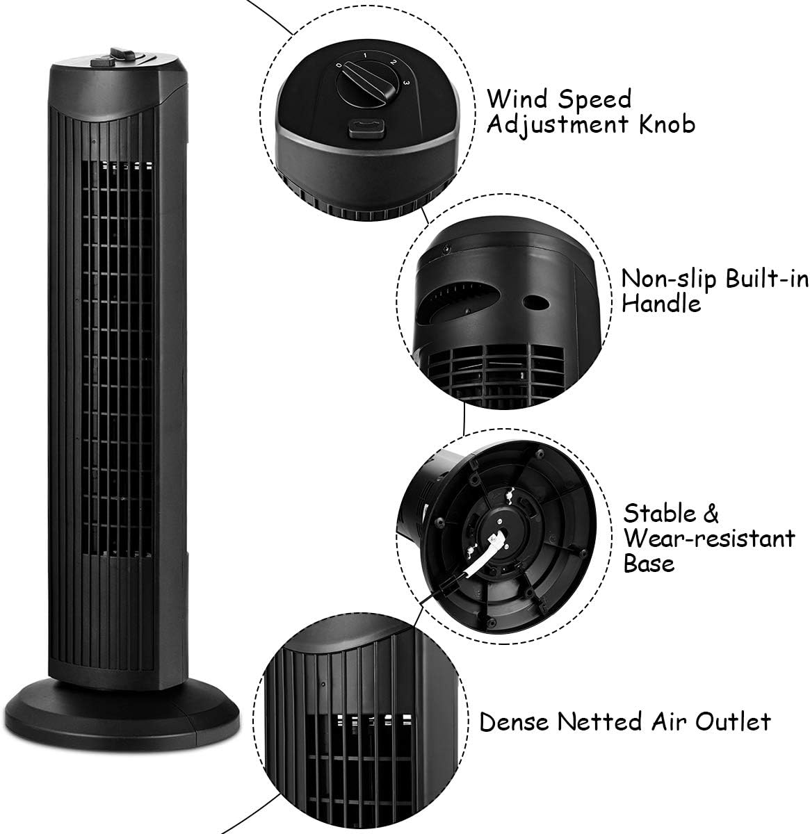 COSTWAY Tower Fan, 28-Inch Oscillating Tower Fan, Quiet Cooling Whole Room Bladeless, 3 Speed, 3 Wind Mode, Oscillating Tower Fan for Bedrooms, Living Rooms, Kitchen (Black)