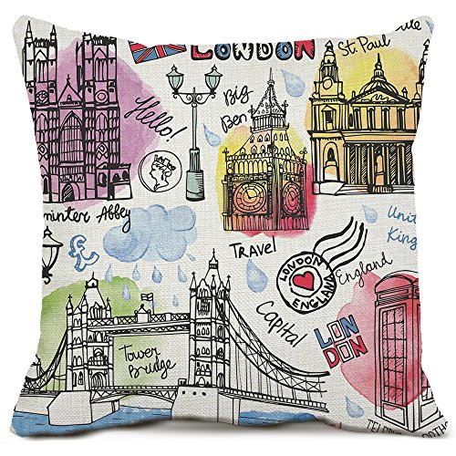 ZAZHUZAI London Decorative Throw Pillow Covers Cotton Linen Square Cushion Covers London Eiffel Tower Retro Pillow Cases for Sofa Home Decor 20x20 Inch