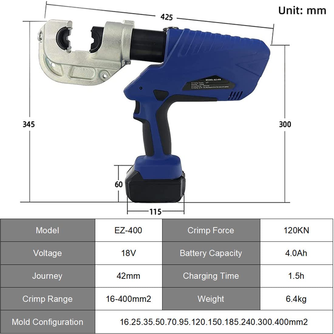 Pinza crimpatrice idraulica, 120 kN, ricaricabile, pinza crimpatrice automatica da 10 – 400 mm², con 13 paia di matrici per uso professionale