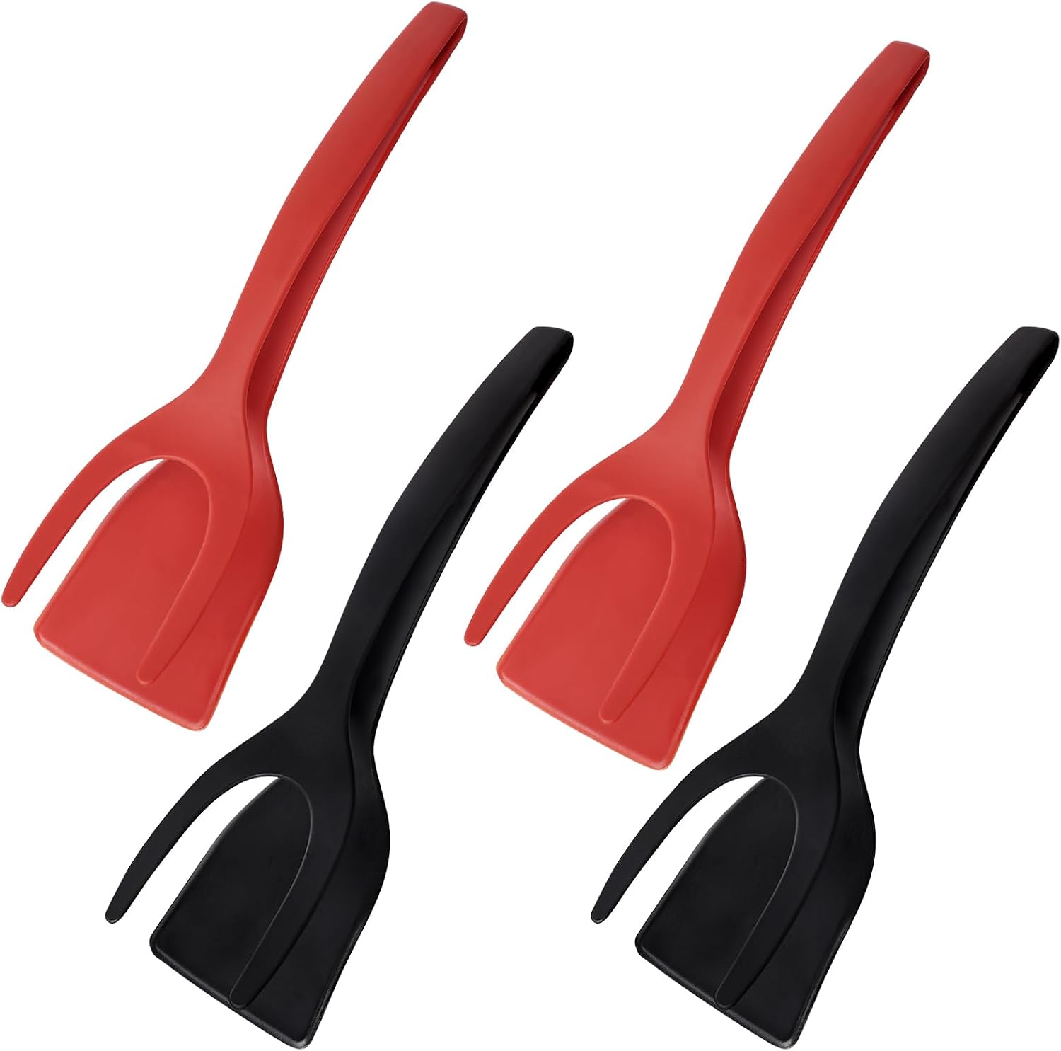 4 Pack Egg Flipper Spatula, 2 in 1 Grip and Flip Spatula Tongs, Multi-purpose Non-Stick Kitchen Tong Grill Clamp for Kitchen Cooking Baking Tool (Red and Black)