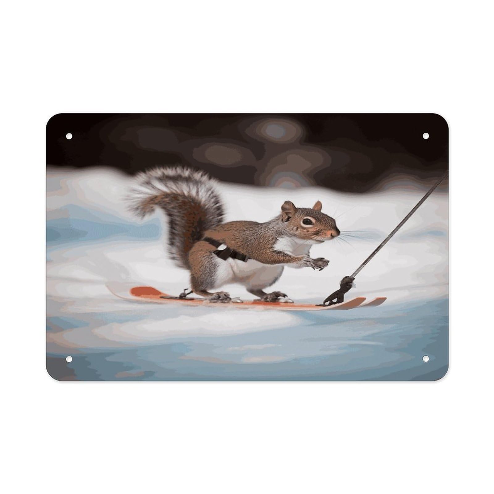 LDGSUPH Skiing Squirrel Metal Tin Sign Wall Art Prints Folded Edge Iron Sheet Painting with Holes for Wall Prints Decorative Picture Metal Signboard Decor Painting Wall Decor