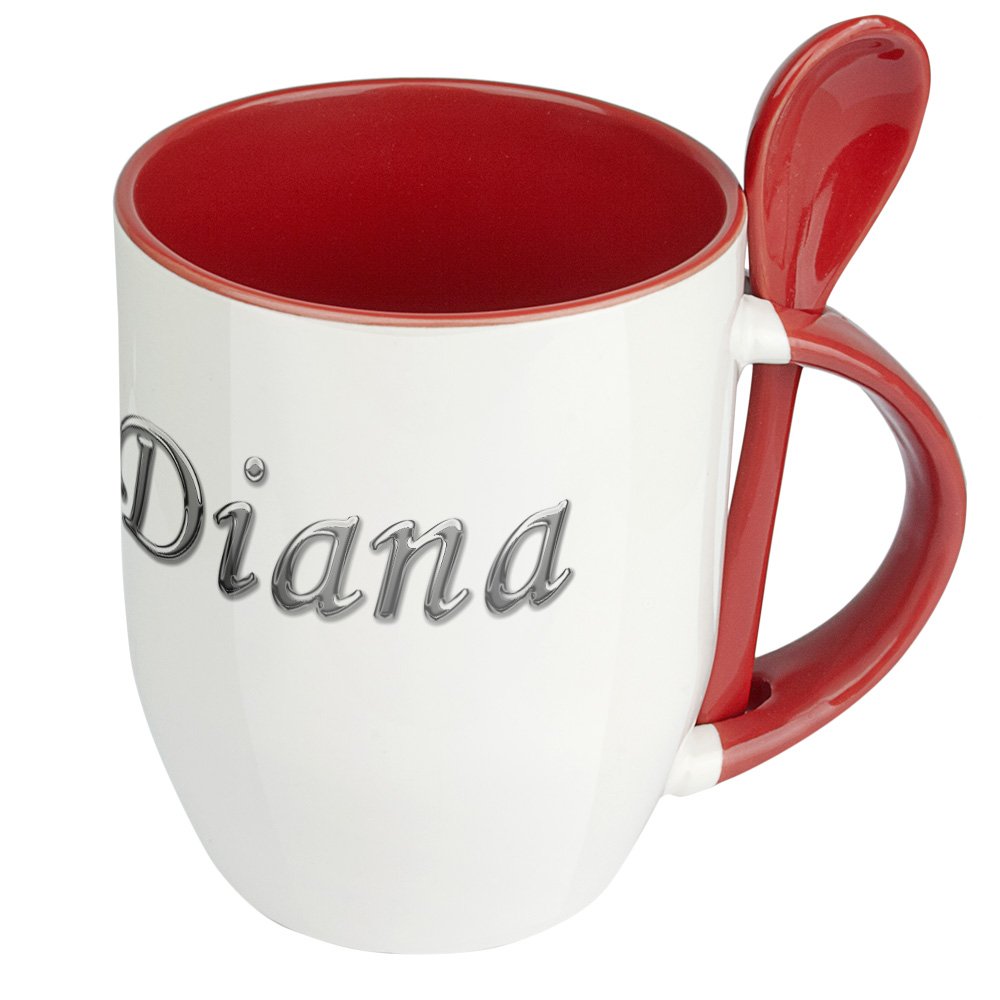 Namenstasse Diana – Mit Löffel Im Henkel, Rot, 330 Ml | Personalisierte Keramik-Tasse Für Kaffee & Tee