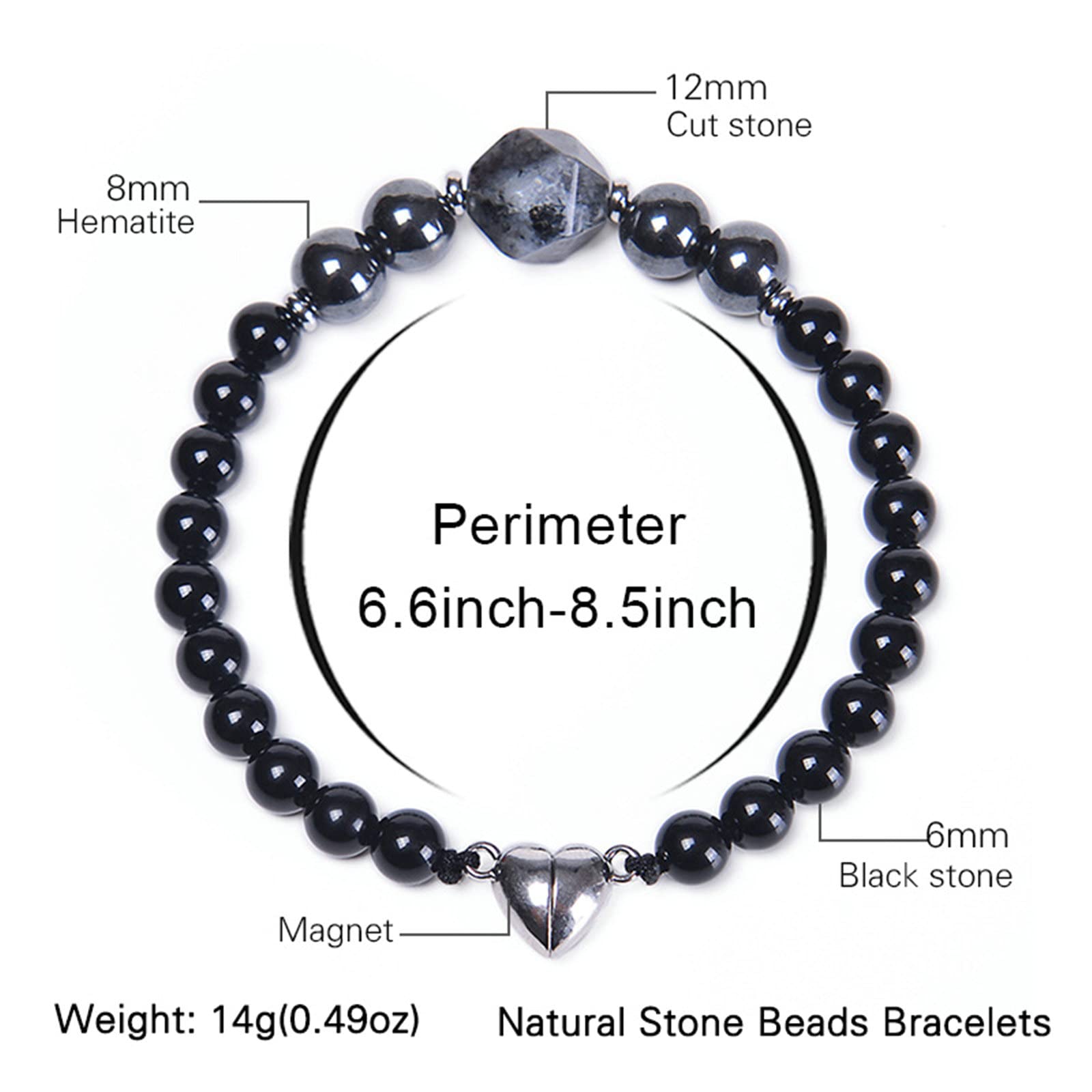 Steinperlenarmband, 6 mm Steinherz-Magnetarmband, Kettenarmbänder für Männer, 21,5 cm