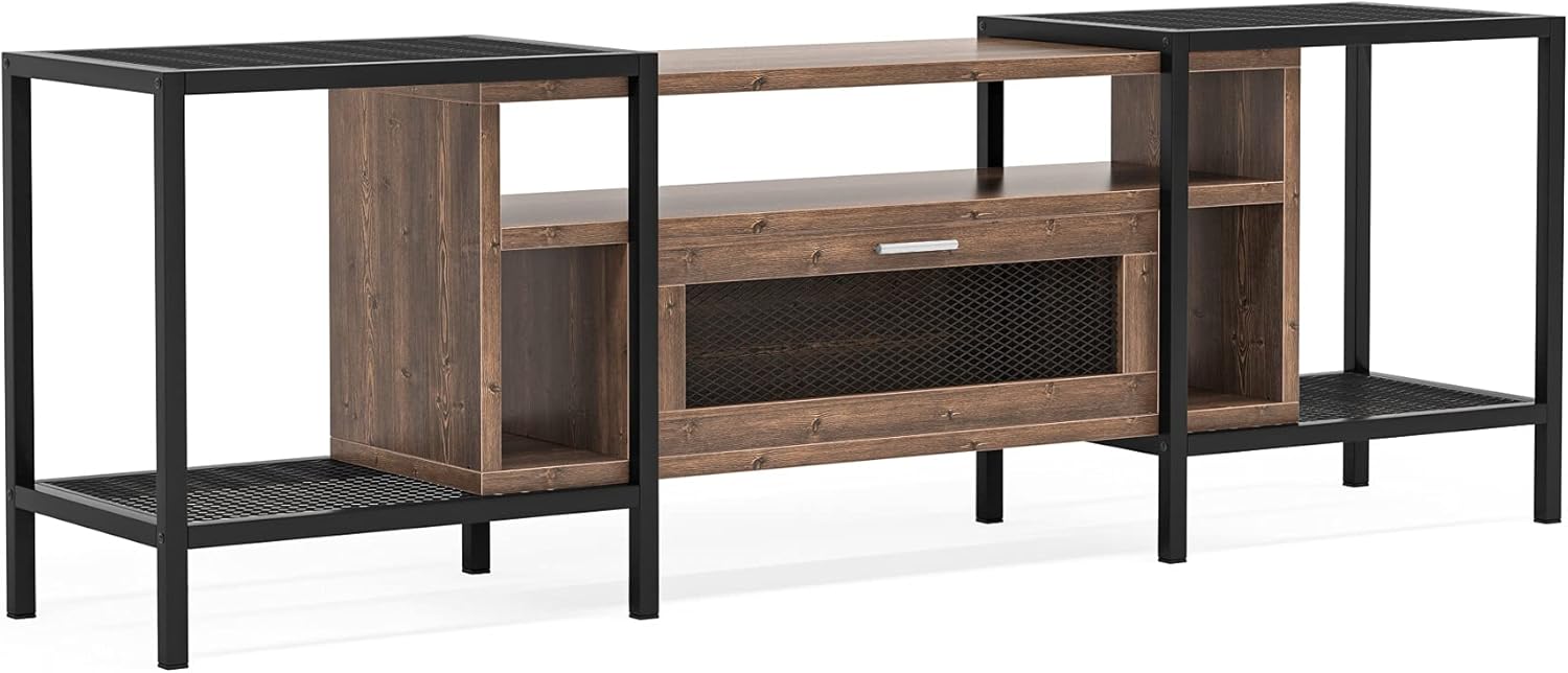 The Tribesigns TV stand shown without a television, highlighting its structural design with open shelves and a central cabinet.