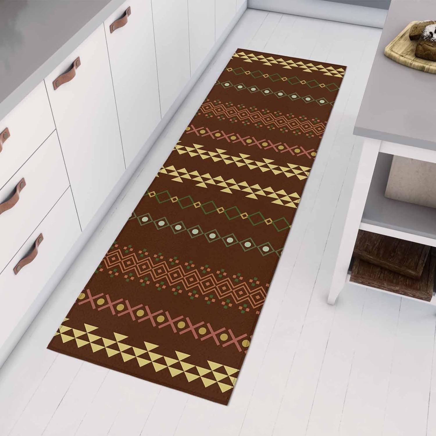Kitchen Mats for Floor Boho Traditional Tribal Texture Washable Non Slip Kitchen Rugs 1PCS, Abstract Geometric on Tan Absorbent Standing Mats for Sink Bathroom Office Living Room 15.7x47.2in