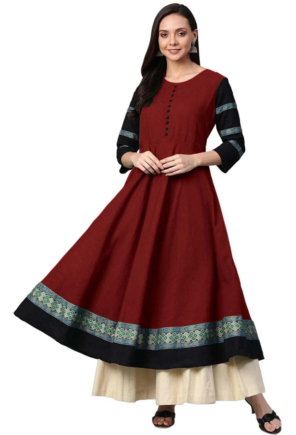 Cotton Plain Round Neck Anarkali Kurti for Women Girls with Print Lace Border Calf Long Ladies Top Umbrella Stylish Different Color Fancy Sleeve Pattern Dress Suit-image-41