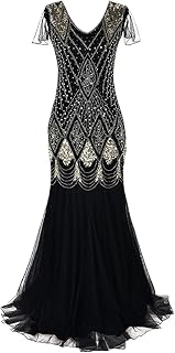 Women Vintage 1920s Gatsby Flapper Evening Party Dress V Neck Art Deco Sequins Mermaid Hem Cocktail Formal Long Maxi Gown - Buy now