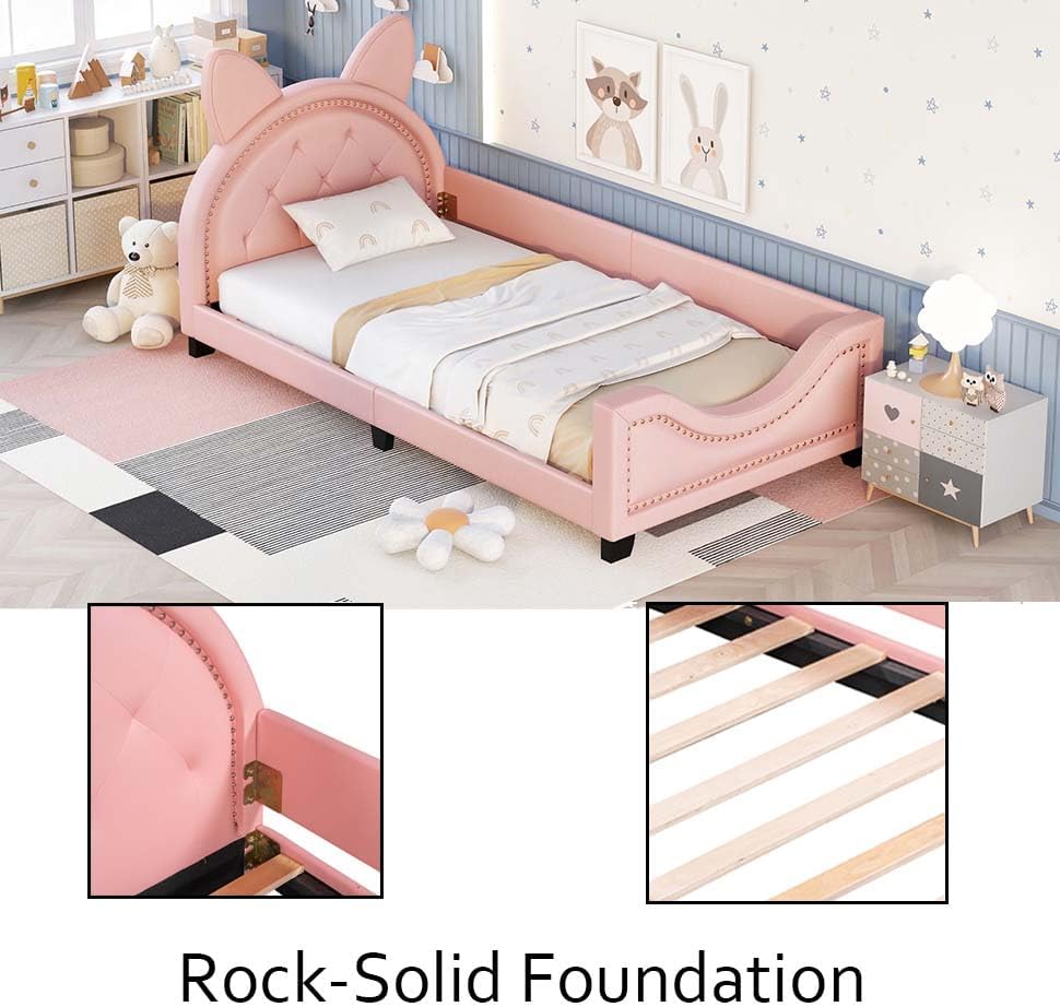 Miniatura 5 de Sofá cama con cabecero, cámaras en forma de conejo, base de cama de madera con plataforma individual para niñas y niños, bonito sofá cama tapizado,