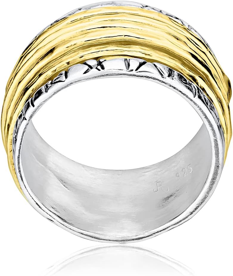 JEAN RACHEL JEWELRY 925 Sterling Silver Ring with 5 One Micron 14K Gold Plated Sterling Silver Rotating Spinner Rings - Artisan Handcrafted Vintage Design Hypoallergenic, Lead & Nickel Free Jewelry